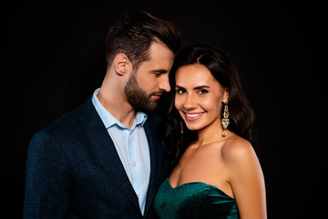 Close-up portrait of his he her she nice-looking attractive lovely fascinating winsome glamorous luxurious cheerful cheery two people isolated over black background
