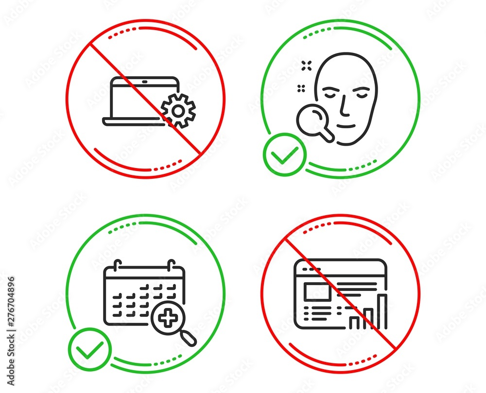 Poster do or stop. notebook service, face search and medical calendar icons simple set. web report sign. co