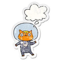 cartoon space cat and thought bubble as a distressed worn sticker