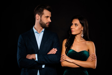 Portrait of his he her she nice-looking well-dressed attractive luxurious trendy brandy content successful people folded arms isolated over black background