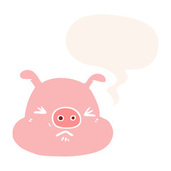 cartoon angry pig face and speech bubble in retro style