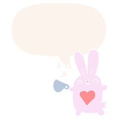cute cartoon rabbit and love heart and coffee cup and speech bubble in retro style
