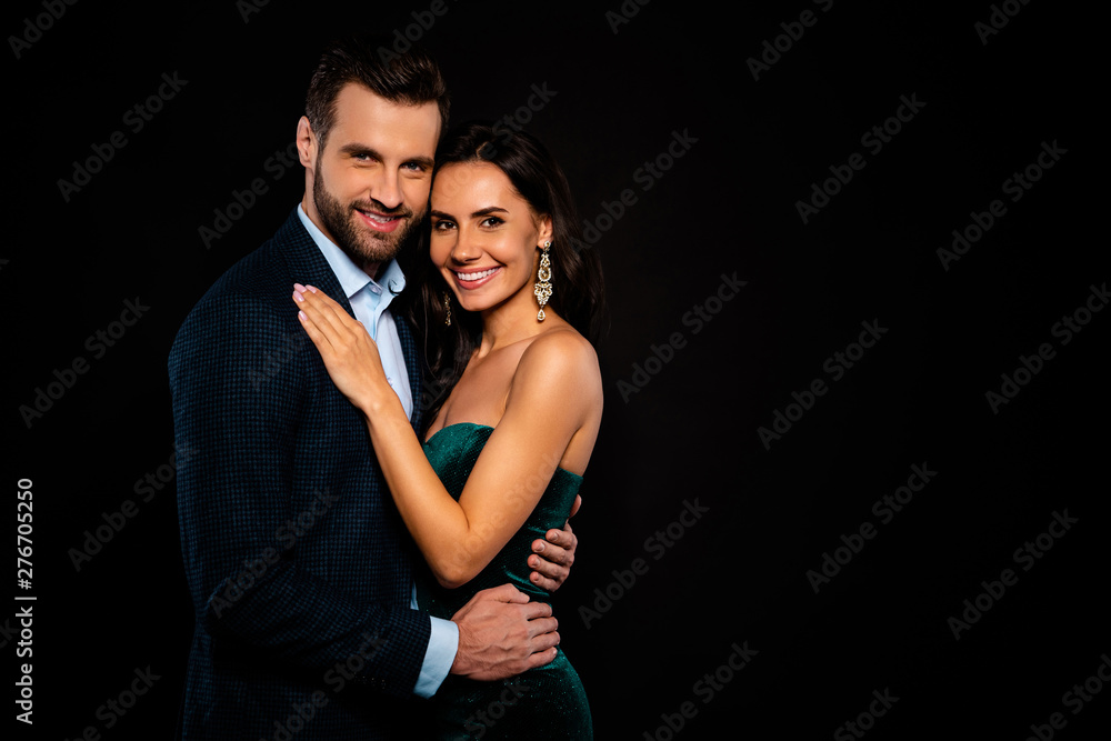 Sticker Close up side profile photo beautiful she her wife earrings he him his husband mrs mr married spouse hands slim waist hold close wear costume jacket green cocktail dress isolated black background