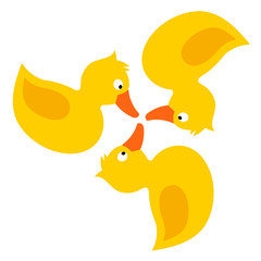 Vector design. Illustration with Rubber duck. Yellow and orange, with wing, tale, beak and eye. Template with space for text for cards, invitations, blog post.