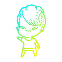 cold gradient line drawing cute cartoon girl with hipster haircut
