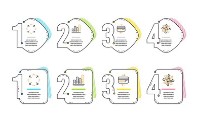 Graph chart, Credit card and Maximize icons simple set. Versatile sign. Growth report, Bank payment, Full screen. Multifunction. Technology set. Infographic timeline. Line graph chart icon. Vector