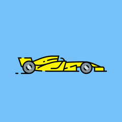 Racing car line icon. Motor sport vehicle symbol. Yellow race car graphic isolated on blue background. Vector illustration.