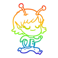 rainbow gradient line drawing smiling alien girl cartoon