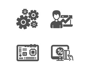 Set of Cogwheel, Motherboard and Success business icons. Online shopping sign. Engineering tool, Computer component, Growth chart. Black friday.  Classic design cogwheel icon. Flat design. Vector