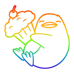 rainbow gradient line drawing cartoon penguin with cupcake