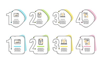 Bitcoin, Approved checklist and Web traffic icons simple set. Settings blueprint sign. Cryptocurrency laptop, Accepted message, Website window. Report document. Technology set. Infographic timeline