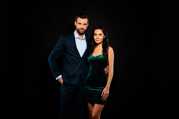 Close up photo beautiful she her classy lady he him his groomed macho hug close rich glossy look wear plaid blue costume jacket pants velvet green shine short dress night isolated black background