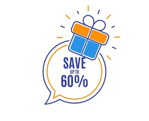 Save up to 60%. Discount Sale offer price sign. Special offer symbol. Loyalty sale tag. Speech bubble banner. Gift box badge. Vector