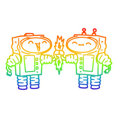 rainbow gradient line drawing cartoon robots connecting