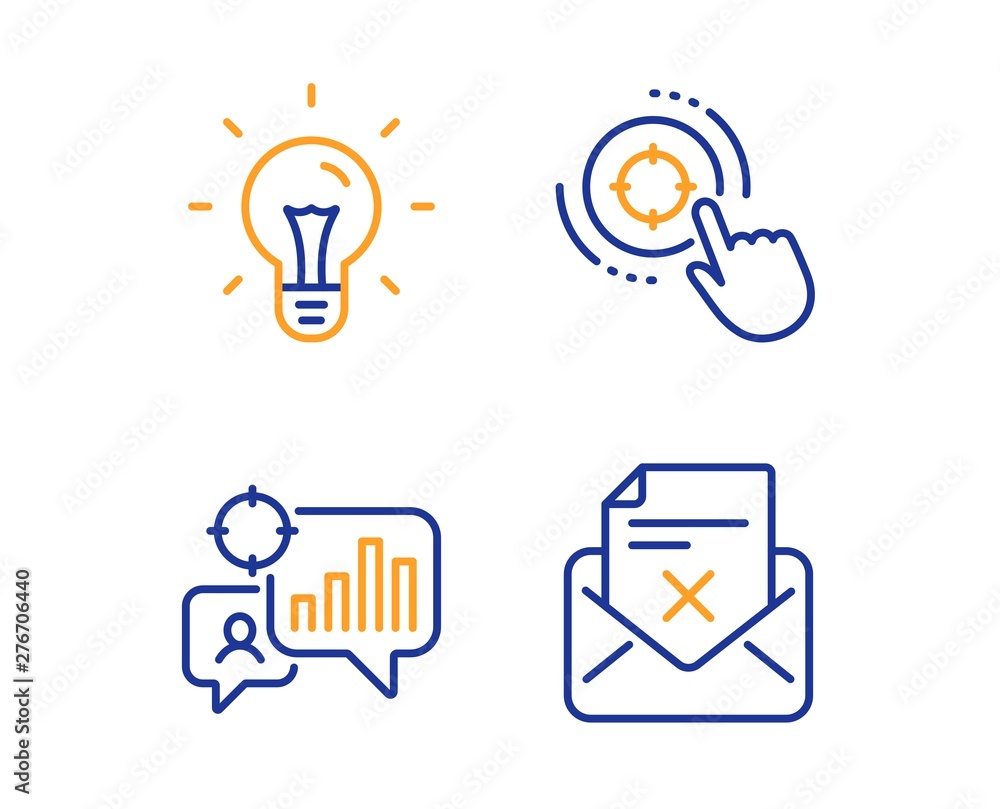 Poster seo statistics, idea and seo target icons simple set. reject letter sign. analytics chart, light bul