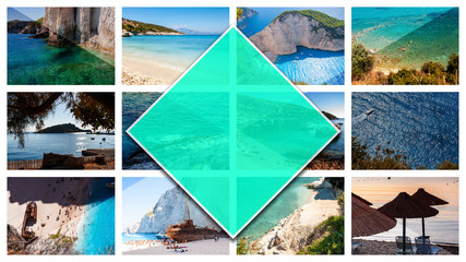 Collage photos Zakynthos Island - Greece, in 16:9 format. A pearl of the Mediterranean with beaches and coasts suitable for unforgettable sea holidays. Selection of beaches.