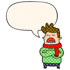 cartoon obnoxious man in winter clothes and speech bubble in comic book style