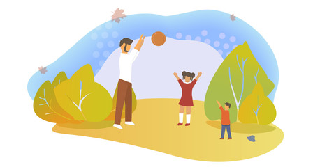 Hello Autumn. Family playing in park. Ball games. Vector autumn landscape. Cartoon family. Flat style. Outdoor walks. Simple trees.