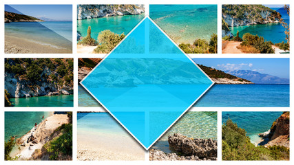 Collage photos Zakynthos Island - Greece, in 16:9 format. A pearl of the Mediterranean with beaches and coasts suitable for unforgettable sea holidays. Xigia beach.
