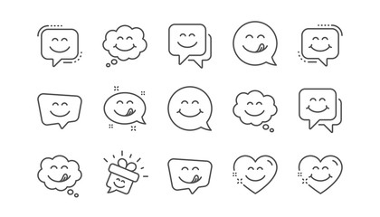 Yummy smile line icons. Emoticon speech bubble, social media message, smile with tongue. Tasty food eating emoji face icons. Delicious yummy, happy emoticon. Linear set. Vector