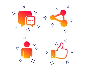 Social media icons. Chat speech bubble and Share link symbols. Like thumb up finger sign. Human person profile. Random dynamic shapes. Gradient share icon. Vector