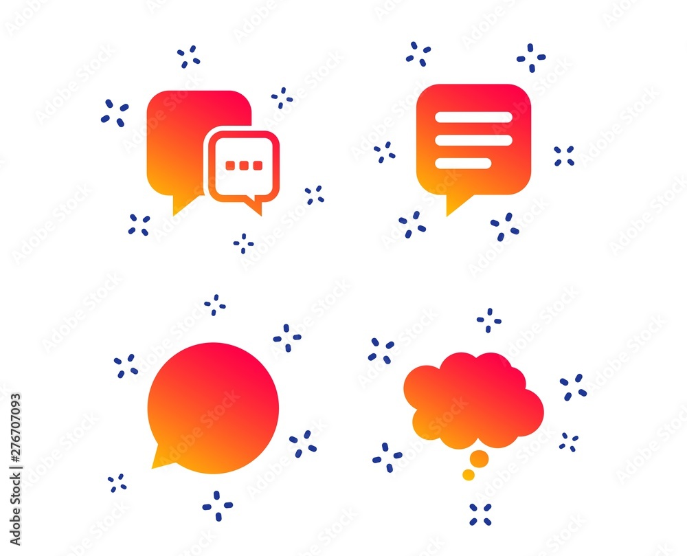 Poster chat icons. comic speech bubble signs. communication think symbol. random dynamic shapes. gradient s
