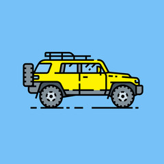 Fototapeta premium 4x4 SUV line icon. Offroad sports utility vehicle symbol. Yellow all-terrain 4wd motor car graphic isolated on blue background. Vector illustration.