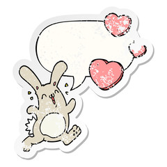 cartoon rabbit in love and speech bubble distressed sticker