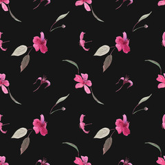 Hand-drawn flower watercolor illustration. Seamless pattern of delicate red sakura flowers on black background. Illustration for design, background or print.
