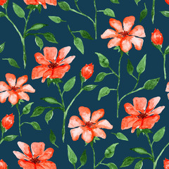 Red flowers blossom, watercolor painting - hand drawn seamless pattern on navy blue
