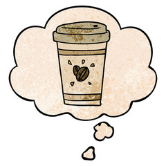 cartoon takeout coffee and thought bubble in grunge texture pattern style