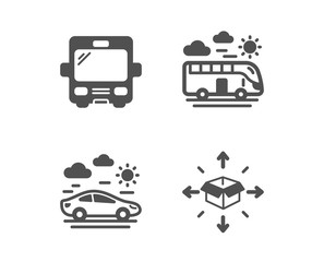 Set of Bus, Car travel and Bus travel icons. Parcel delivery sign. Tourism transport, Transport, Logistics service.  Classic design bus icon. Flat design. Vector