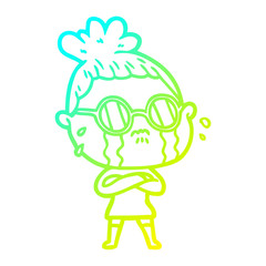 cold gradient line drawing cartoon crying woman wearing spectacles