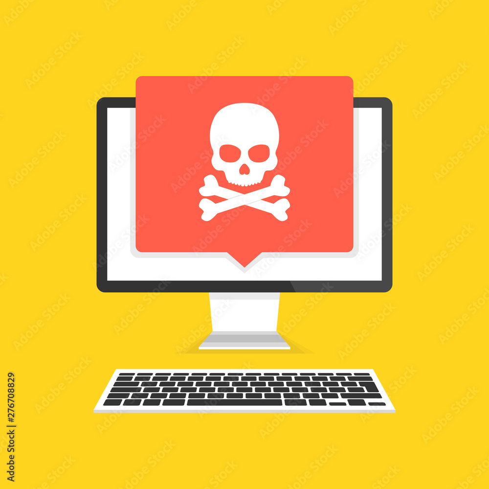 Aufkleber computer with skull on the screen. concept of virus, piracy, hacking and security. vector illustrati