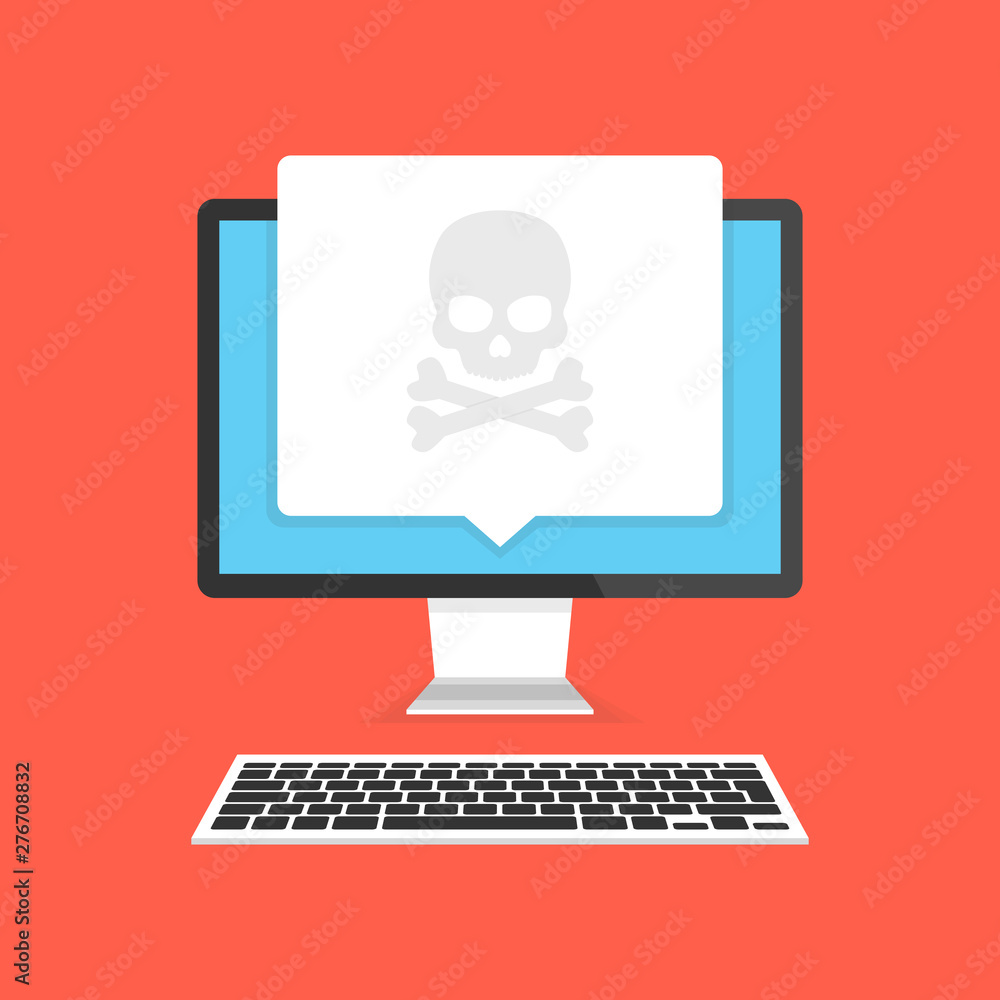 Poster computer with skull on the screen. concept of virus, piracy, hacking and security. vector illustrati