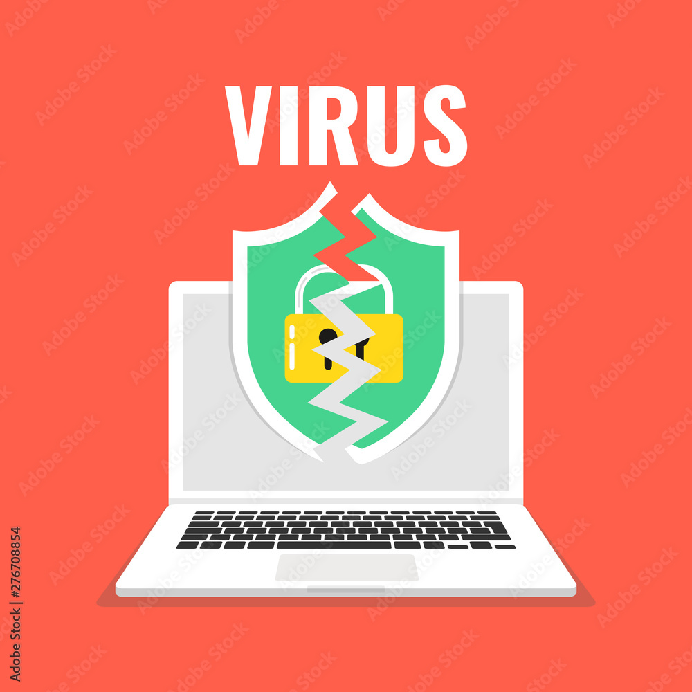 Poster laptop with a broken shield on the screen. concept of virus, piracy, hacking and security. vector il