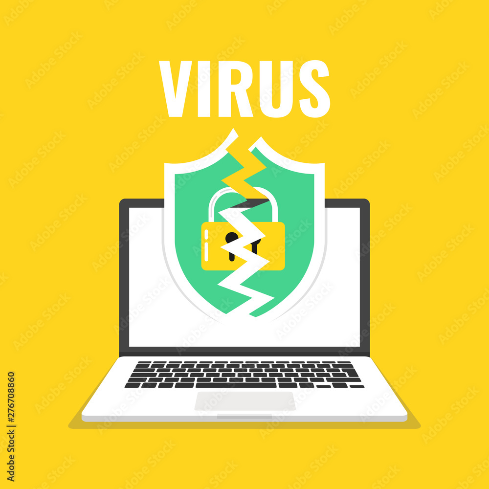 Poster laptop with a broken shield on the screen. concept of virus, piracy, hacking and security. vector il