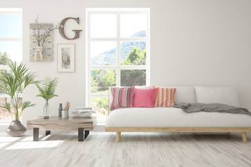 Stylish room in white color with sofa and summer landscape in window. Scandinavian interior design. 3D illustration