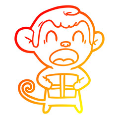 warm gradient line drawing shouting cartoon monkey carrying christmas gift