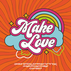 Make Love. Script font in 1980s style. Illustration of 1980 retro flat poster.