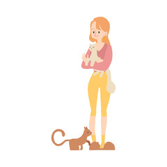 Woman or girl with her cats flat vector illustration isolated on white background.