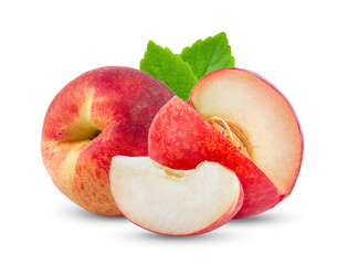 Peach fruit with leaf isolated on white. Full depth of field