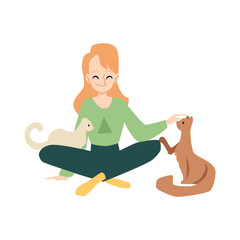 Woman or lady exercising with her cats flat vector illustration isolated.