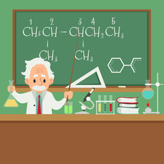 Professor or scientist teaching in college or university flat vector illustration.