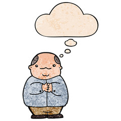 cartoon balding man and thought bubble in grunge texture pattern style