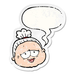 cartoon old lady and speech bubble distressed sticker