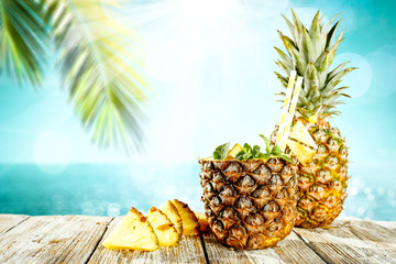 Fresh tasty tropical fruit and desk of free space for your decoration. Summer time. 