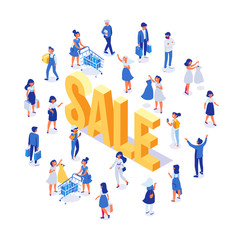 Fototapeta na wymiar Isometric People vector set. Customers, buyers with shopping bags and shopping cart. Big sale. Supermarket. Flat vector characters isolated on white