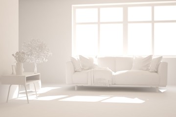 Mock up of stylish room in white color with sofa. Scandinavian interior design. 3D illustration