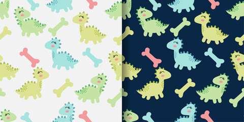 cute dinosaurs seamless pattern two color background set